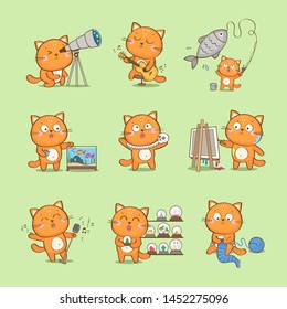 Set cute cartoon cat character representing different hobbies: fishkeeping  playing guitar  fishing  acting  singing  painting  collecting  knitting  amateur astronomy
