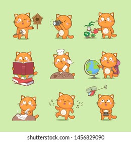 Set of cute cartoon cat character representing different hobbies: photography, reading, culinary, travel, craft, writing, dance, home gardening