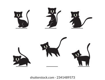 set of cute cartoon cat character icon silhouette.