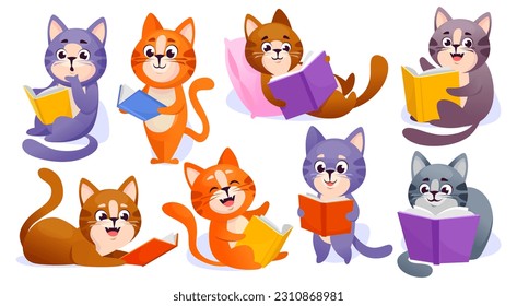 Juego de lindos personajes de dibujos animados que leen libros aislados de fondo blanco. Colección de iconos de gatitos felices con libros en diferentes poses. Contar historias con mascotas. Ilustración vectorial de dibujos animados