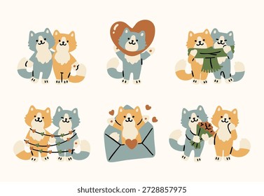 Set süßer Cartoon-Katzenfiguren, die Liebe und Freundschaft feiern, Paare mit Herzballon und Girlande, Blumen und Buchstaben, warme weiche Farben, verspielter gemütlicher Stil