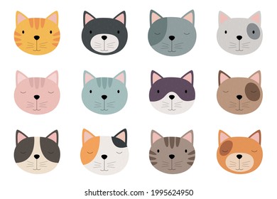 A set of cute cartoon cat faces. Suitable for children's posters, fashion design, party invitations, birthday cards. Vector illustration