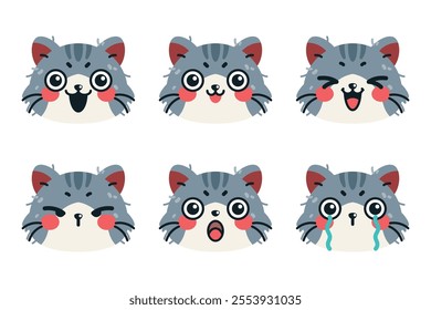 Set of cute cartoon cat faces showcasing emotions like happiness, crying, curiosity, and stress, Vector illustration flat art, isolated on a white background.