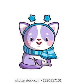 Set of cute cartoon cat with funny hat and scarf for print on Christmas giftware