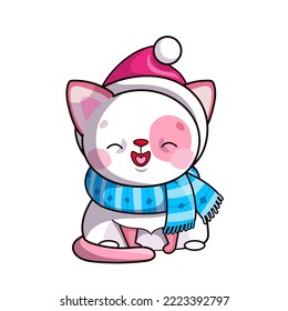 Set of cute cartoon cat with funny hat and scarf for print on Christmas giftware