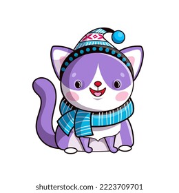 Set of cute cartoon cat with funny hat and scarf for print on Christmas giftware