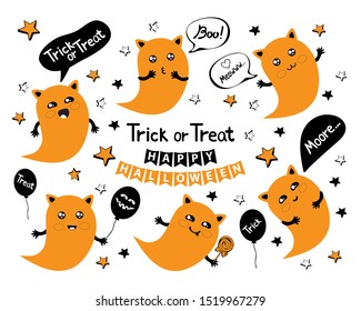 Set cute cartoon cat Ghost. Kawaii character for a fun Halloween in vector. Dialogue bubbles with text, stars, flags. Lettering Happy Halloween, Boo, Moore, trick or treat. 