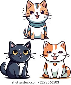 Set of cute cartoon cat images isolated on white background vector illustration set