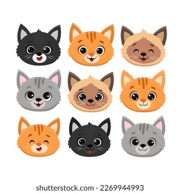 conjunto de caras lindas de gatos de dibujos animados.Icono de cabezas de gatitos.gato siamés, gatito, gatito, gato gris y negro.Gatos divertidos.Ilustración vectorial