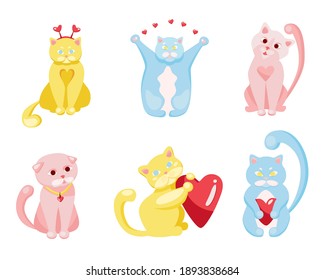 Set of cute cartoon cat in various poses for Valentine's Day. Vector illustration eps 10