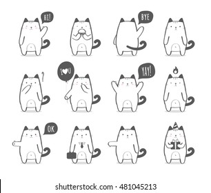 Set of a cute cartoon cat in various poses and with different emotions