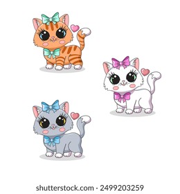 Set of cute cartoon cats with bows. Isolated on white background. For children's design of prints, posters, cards, stickers, etc. Vector illustration.