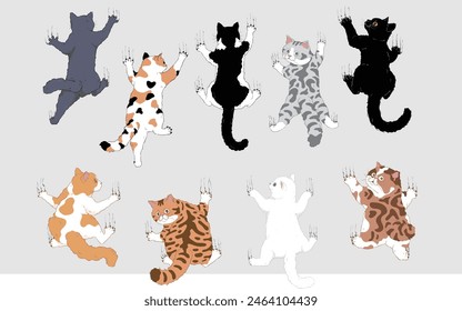 Set of Cute Cartoon Cats Climbing a Wall with Their Front Paws Extended - Calico, Orange, black, White, Tuxedo, and Silver Tabby Cats. Isolated Vector Illustration.