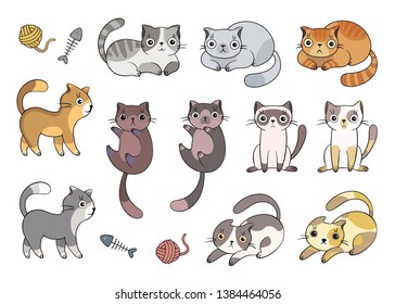 Set of cute cartoon cats with different colored, vector illustrations on white background