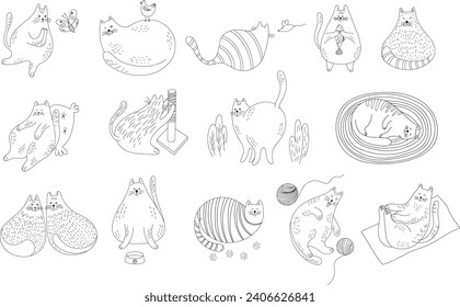 Un conjunto de lindos gatos de dibujos animados diferentes poses. Ilustración dibujada a mano en aislamiento de estilo doodle sobre colección blanca.