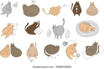 Set of cute cartoon cats different poses. Hand drawn illustration in doodle style isolate on white collection.