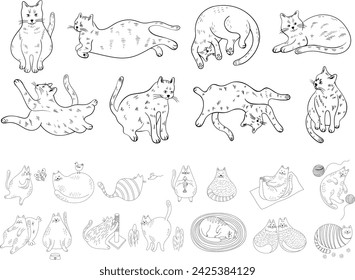 Conjunto de gatos de dibujos animados lindos diferentes poses. Ilustración dibujada a mano en estilo doodle aislado en la colección blanca.