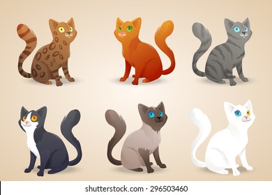 Set of cute cartoon cats with different colored fur and type of coat, breeds. Isolated. Vector illustration