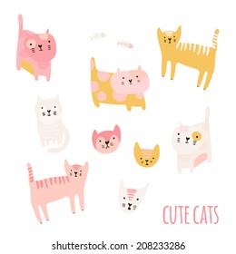 Conjunto de lindos gatos de dibujos animados. Personajes graciosos de Doodle. 