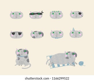 Set with cute cartoon cat's faces.