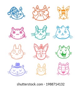 Set with cute cartoon cats. Funny animals collection. Doodle kittens print. Vector feline sticker pack.