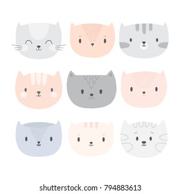 Set of cute cartoon cats. Funny doodle animals. Different kittens in flat style. Vector illustration