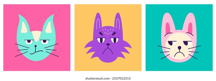 Set of cute cartoon cats with grumpy expressions. Pet portrait. Vector Illustration.