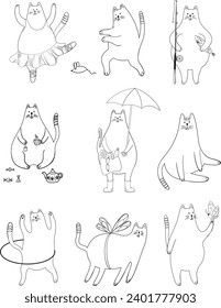 Un grupo de lindos gatos de dibujos animados. Ilustración dibujada a mano en aislamiento de estilo doodle sobre colección blanca.