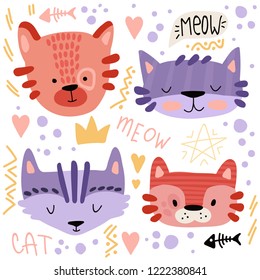 Set of cute cartoon cats. Hand-drawn graphics for the poster, postcard, flyer, children's clothes. Scandinavian style. Vector illustration.