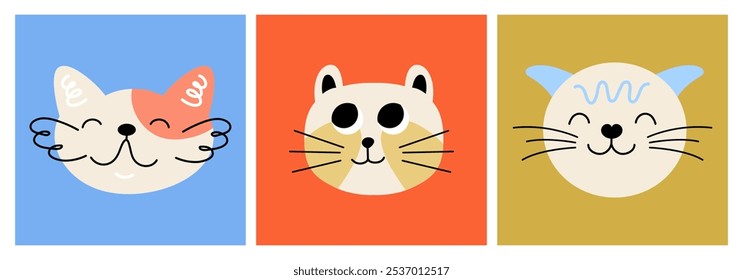 Set of cute cartoon cats with happy expressions. Pet portrait. Vector Illustration.