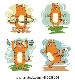 Set of cute cartoon cats involved in sports: running, engaged in weightlifting, exercising with hula hoop, jumping with rope. Vector illustration. 