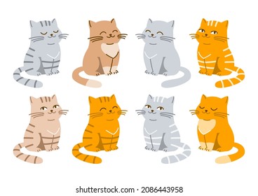 Set of cute cartoon cats isolated on white
