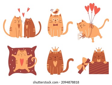 Set with cute cartoon cats. Cats in love, flying on balloons, sitting in a gift box, lying on a pillow. Happy characters for Valentine's day cards.Collection of vector childish illustrations on white