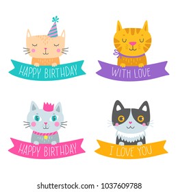 Set of cute cartoon cats on white background.Vector illustration with hand drawn lettering for wedding, birthday and other design.