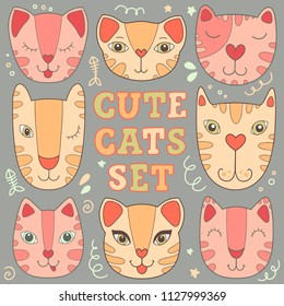 Set of cute cartoon cats with phrase in vector