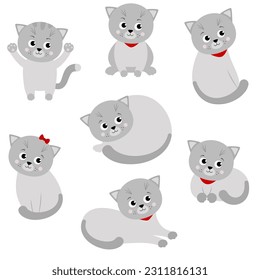 Set of cute cartoon cats. Vector illustration is isolated on a white background.