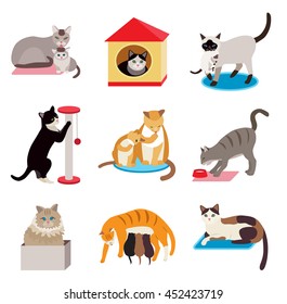 Set of cute cartoon cats (vector illustration)