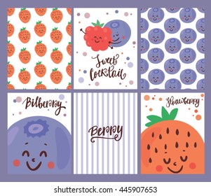 Set of Cute cartoon character berries. Funny berry for fresh bar logo. Drink, cocktail, fresh and smoothie label, badge and design element. 