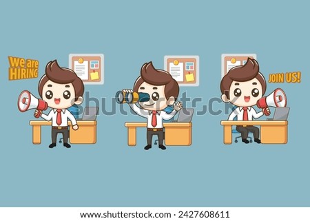 Set of cute cartoon character flat vector illustration of a manager employee staff announcing a Job vacancy, office worker with megaphone speaker binoculars is hiring.