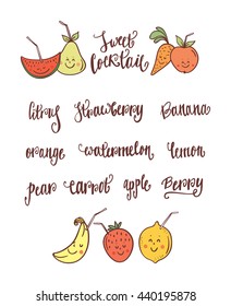 Set of Cute cartoon character fruit and vegetables. Funny fruit for fresh bar logo. Fruit inscription. Drink, cocktail, fresh and smoothie label, badge and design element. 