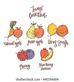 Set of Cute cartoon character fruit and vegetables. Funny fruit for fresh bar logo. Drink, cocktail, fresh and smoothie label, badge and design element. 