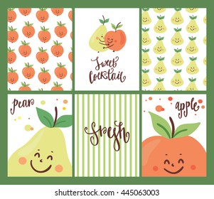 Set of Cute cartoon character fruit. Funny fruit for fresh bar logo. Drink, cocktail, fresh and smoothie label, badge and design element. 