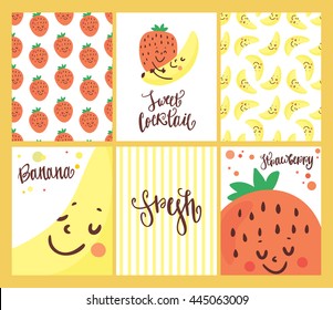 Set of Cute cartoon character fruit. Funny fruit for fresh bar logo. Drink, cocktail, fresh and smoothie label, badge and design element. 