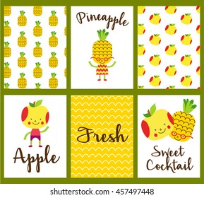 Set of Cute cartoon character fruit. Funny fruit for fresh bar logo. Drink, cocktail, fresh and smoothie label, badge and design element