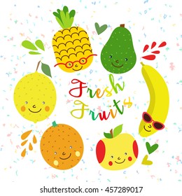 Set of Cute cartoon character Funny fruit for fresh bar logo. Drink, cocktail, fresh and smoothie label, badge and design element
