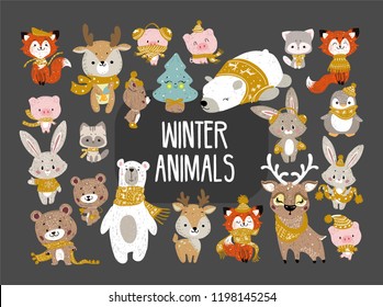 Set Of Cute Cartoon Character Illustration For Christmas And New Year Celebration. Winter Woodland Animals In A Scarf Snd Hat. Vector Set.
