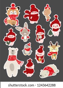 Set of cute cartoon character illustration for christmas and new year celebration. Winter woodland animals in a scarf snd hat. Vector set.  2019