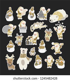 Set of cute cartoon character illustration for christmas and new year celebration. Winter woodland animals in a scarf and hat. Snowman and santa claus. Sticker pack. Vector set.