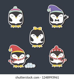 Set of cute cartoon character illustration for christmas and new year celebration. Winter animals in a scarf and hat. Sticker pack. Vector set.