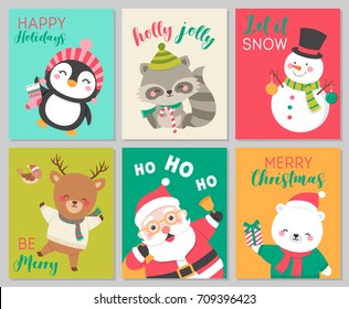 Set of cute cartoon character illustration for Christmas card